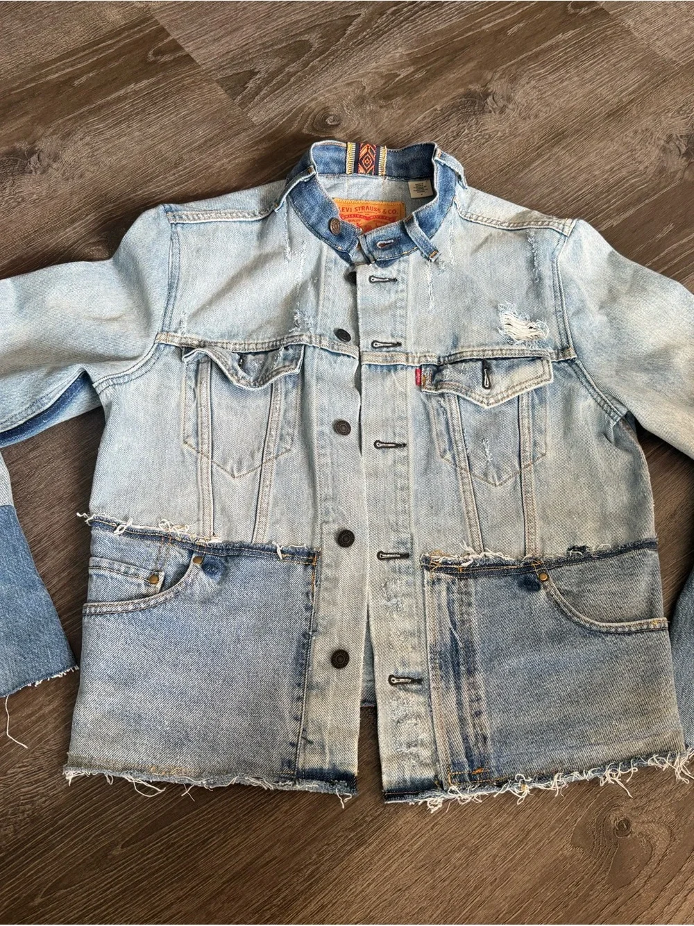 Levi's Upcycled Two-Tone Light Blue Distressed Denim Jacket - Picture 1 of 5